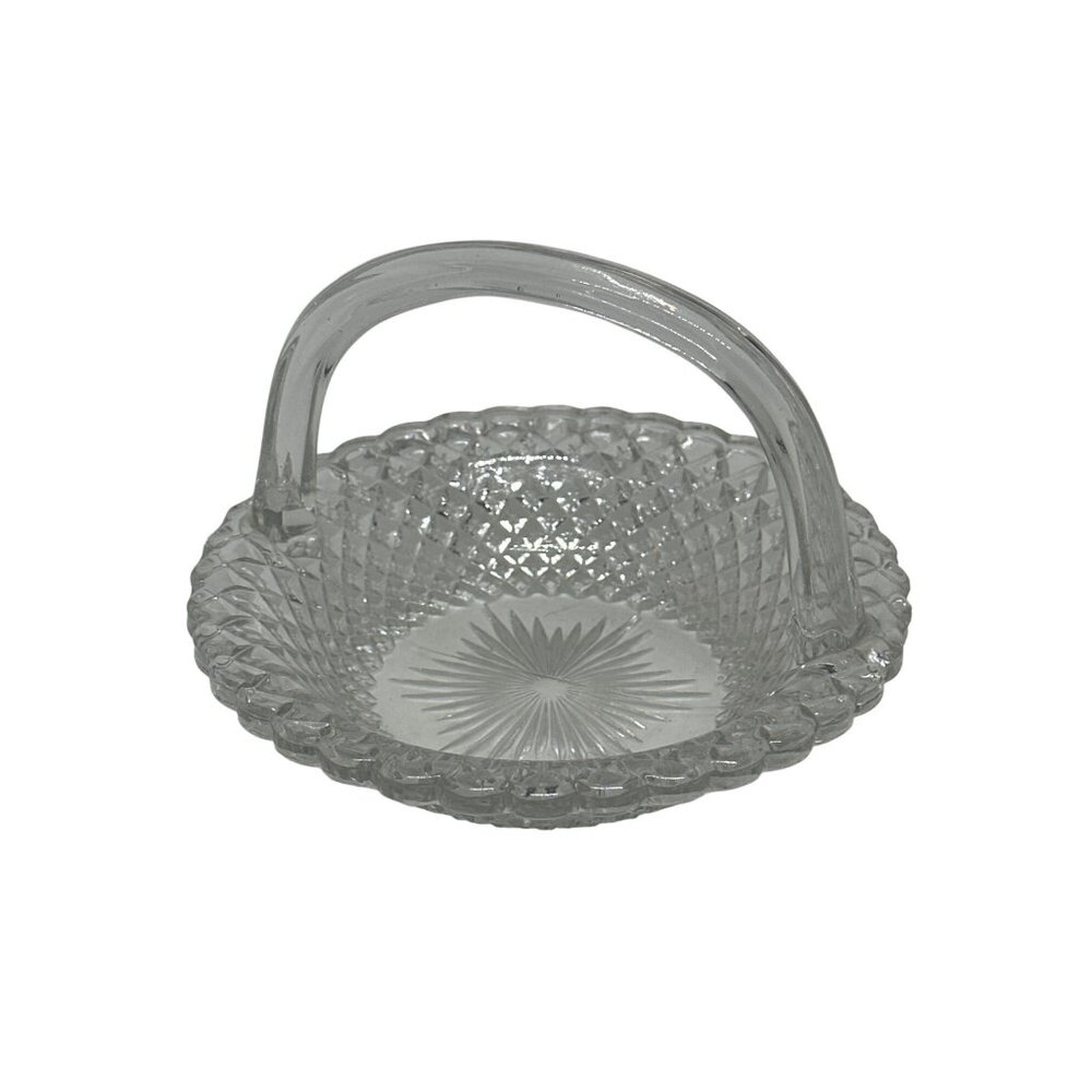 VTG Cut Crystal Basket Candy Dish‎ | Diamond Point Pattern w/ Handle 5.25" Decor